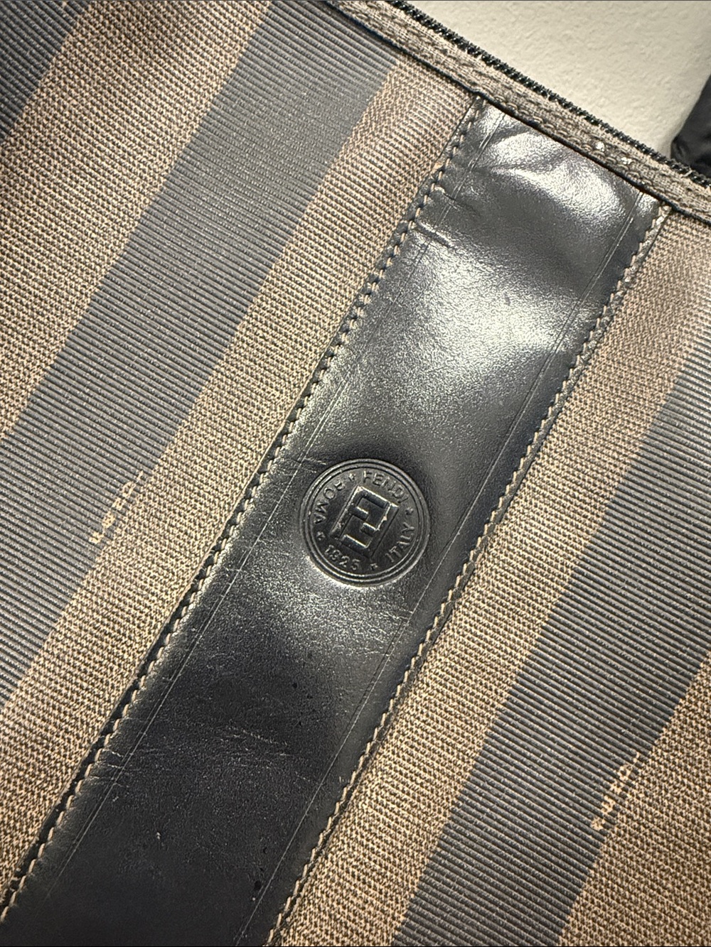 Fendi Striped Canvas Briefcase with Black Leather Trim